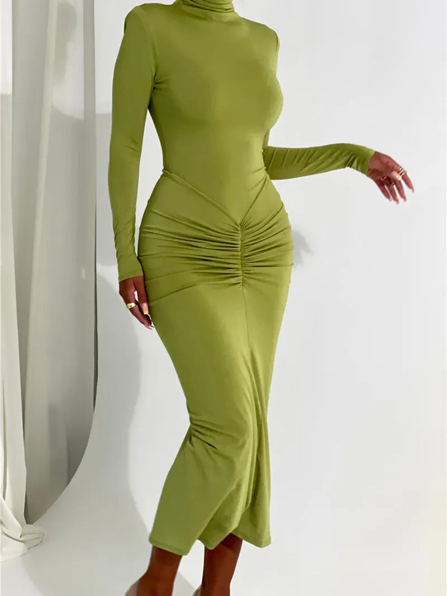 Elegant Turtleneck Long Sleeve Bodycon Maxi Dress Rown