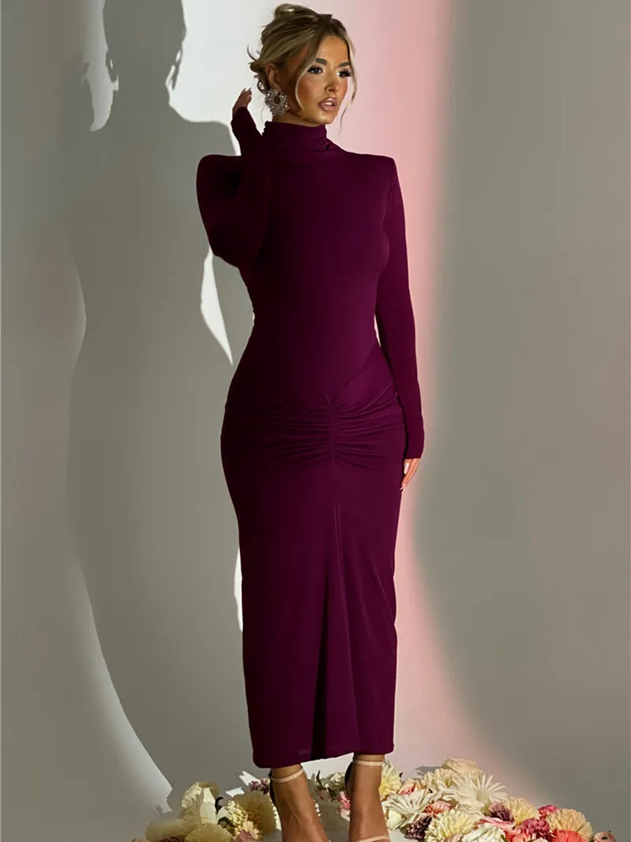 Elegant Turtleneck Long Sleeve Bodycon Maxi Dress Rown