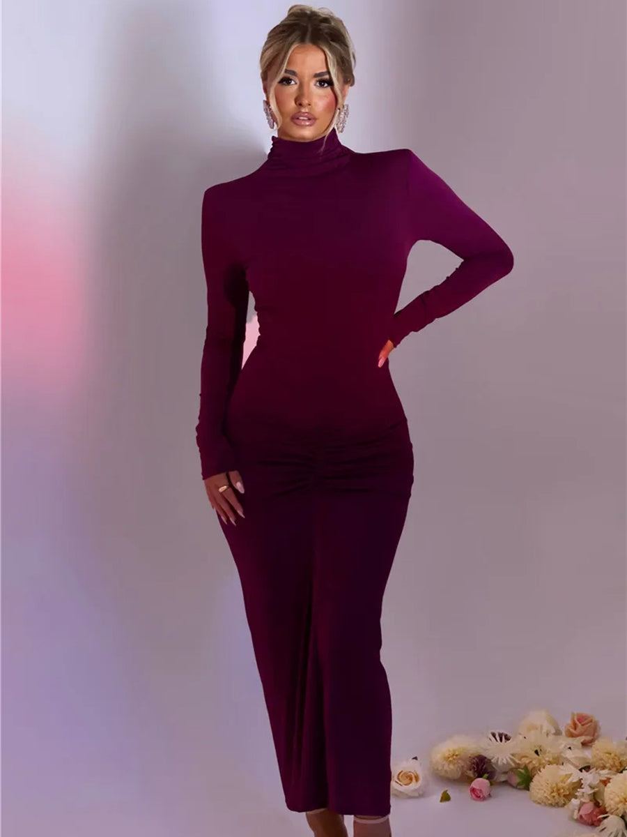 Elegant Turtleneck Long Sleeve Bodycon Maxi Dress Rown