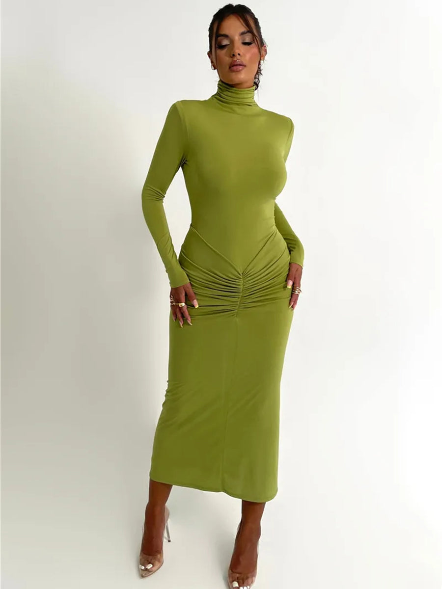 Elegant Turtleneck Long Sleeve Bodycon Maxi Dress Rown