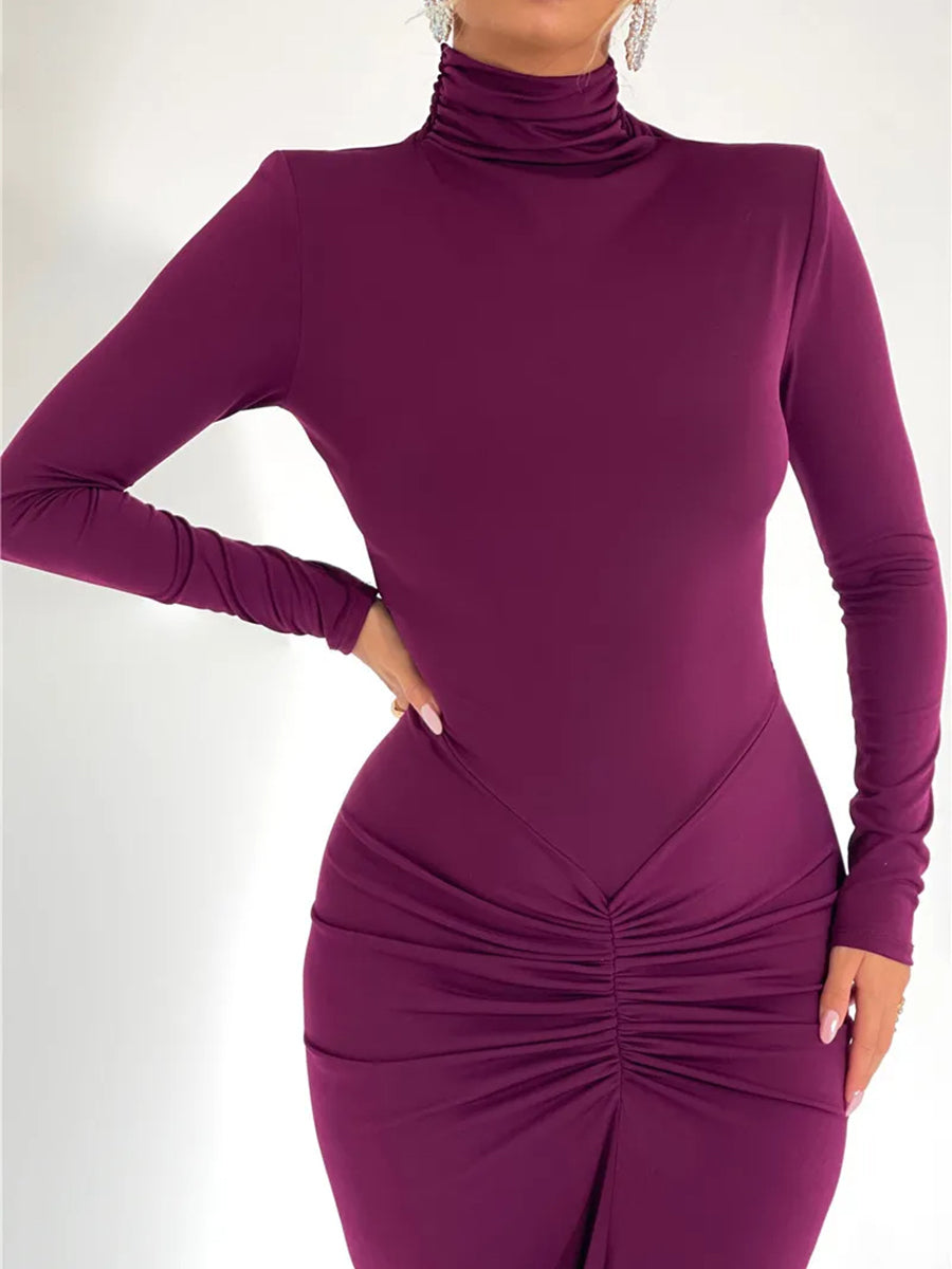 Elegant Turtleneck Long Sleeve Bodycon Maxi Dress Rown