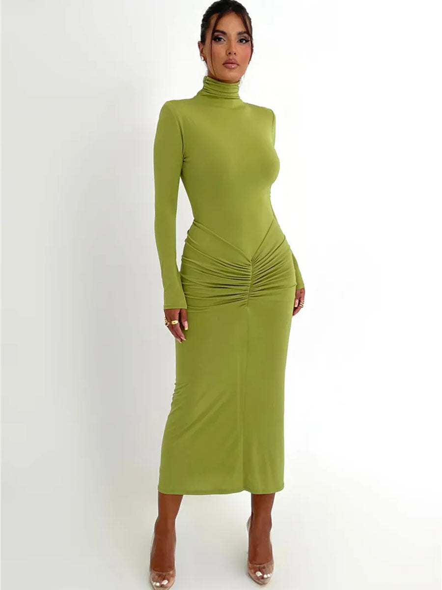 Elegant Turtleneck Long Sleeve Bodycon Maxi Dress Rown