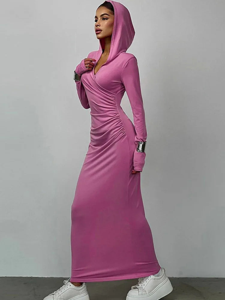 Elegant V Neck Hooded Bodycon Maxi Dress Rown