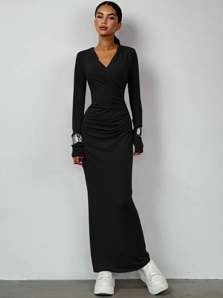 Elegant V Neck Hooded Bodycon Maxi Dress Rown