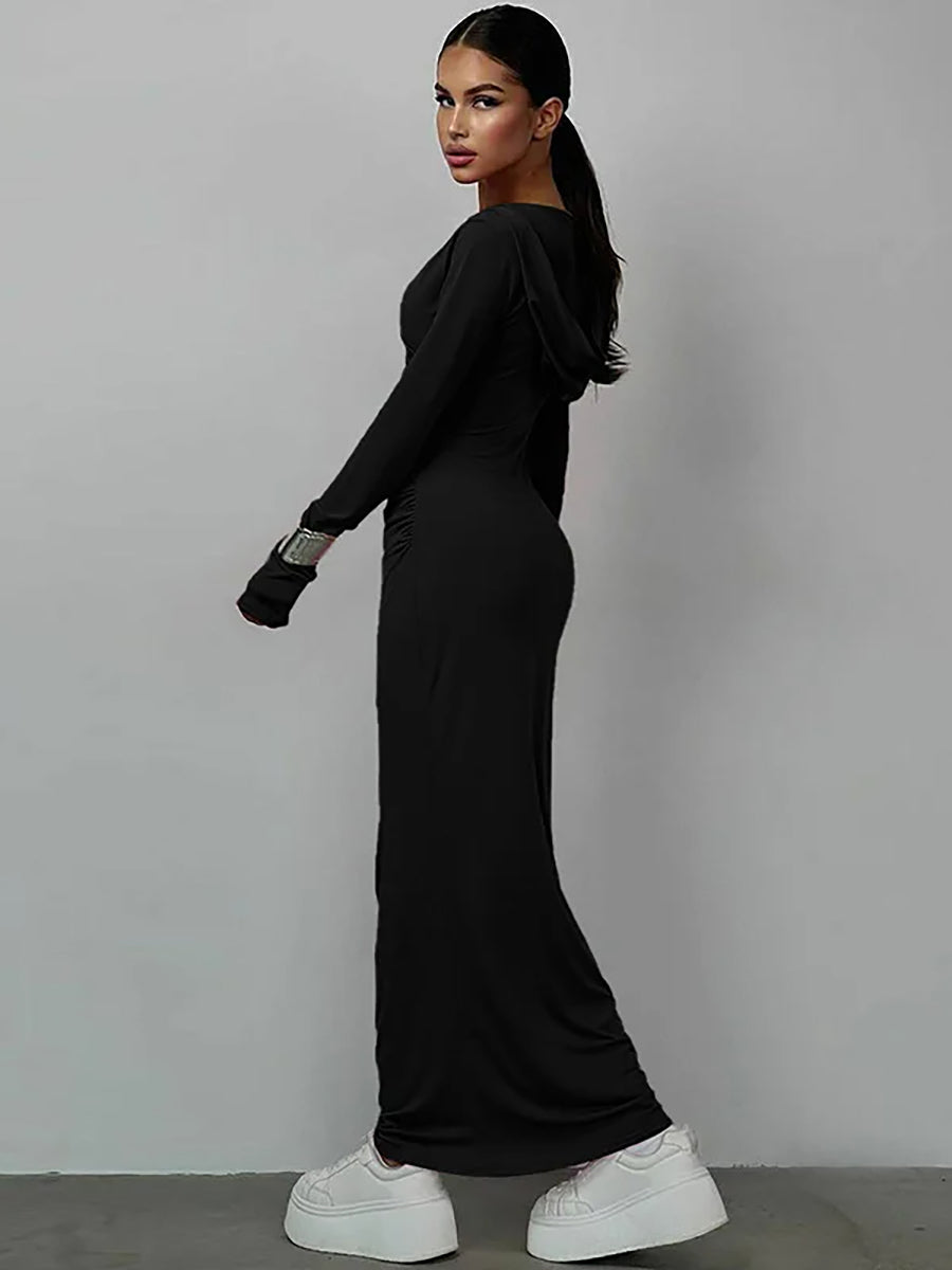 Elegant V Neck Hooded Bodycon Maxi Dress Rown