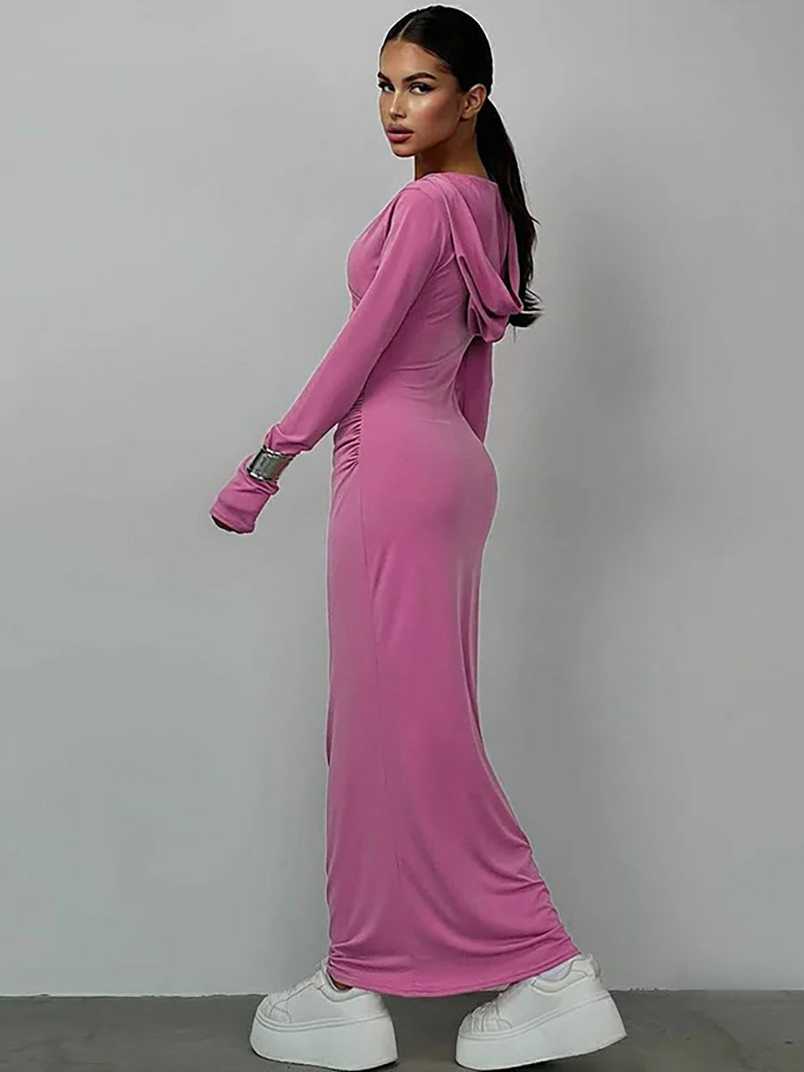 Elegant V Neck Hooded Bodycon Maxi Dress Rown