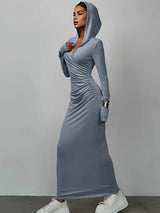 Elegant V Neck Hooded Bodycon Maxi Dress Rown