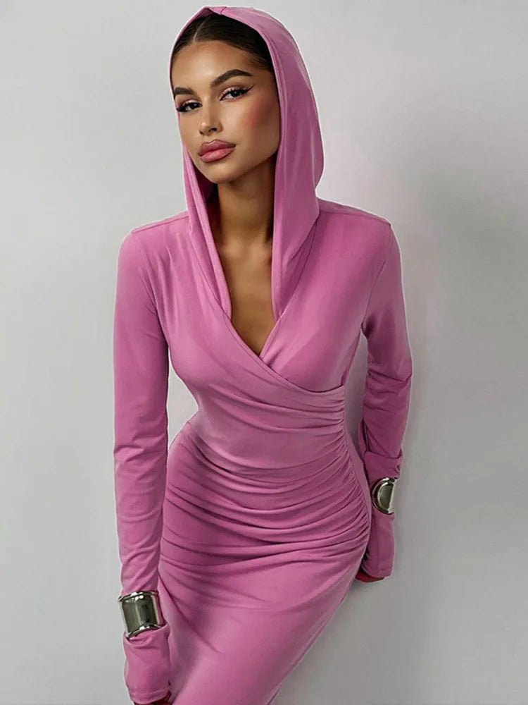 Elegant V Neck Hooded Bodycon Maxi Dress Rown