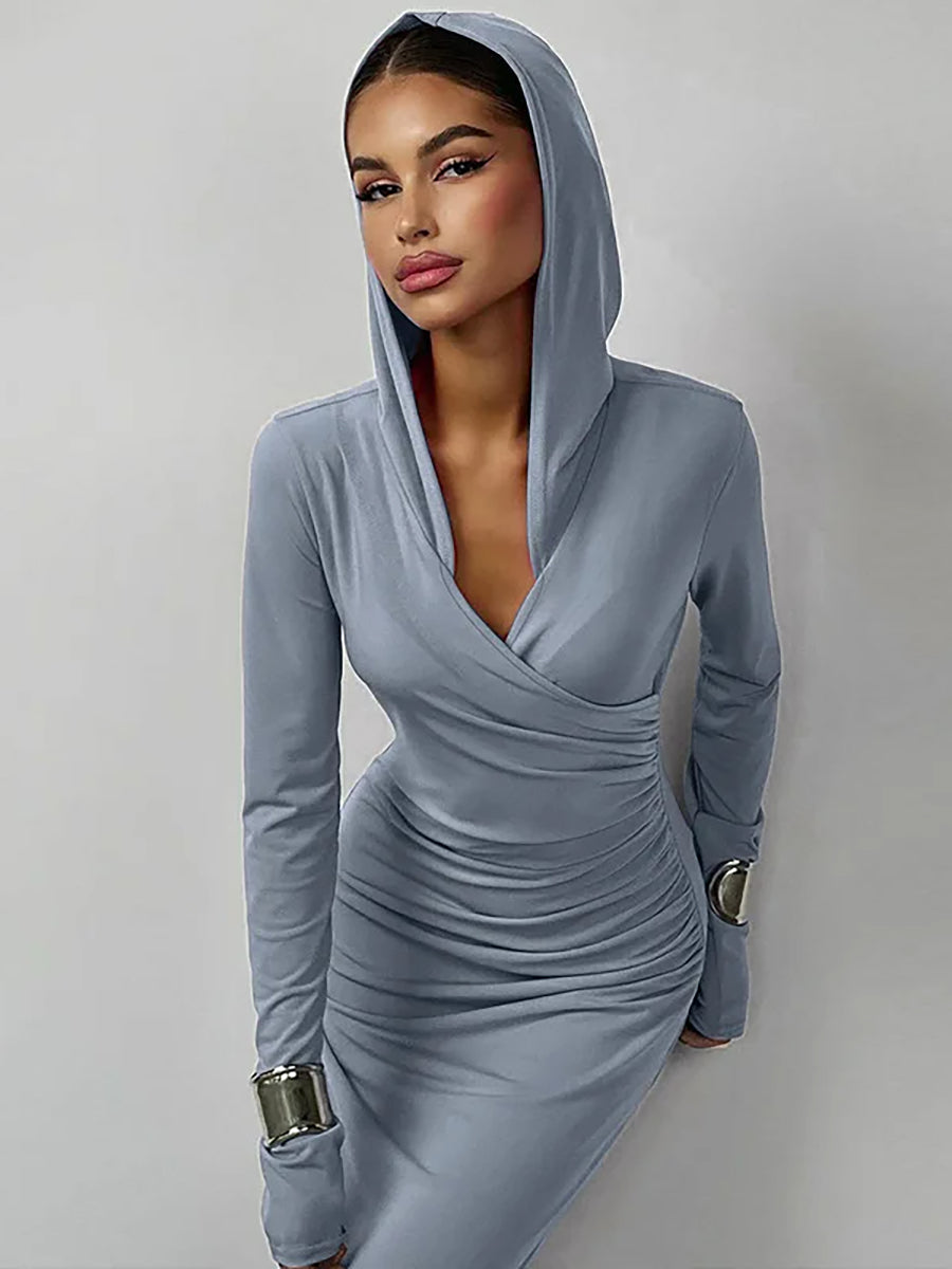 Elegant V Neck Hooded Bodycon Maxi Dress Rown