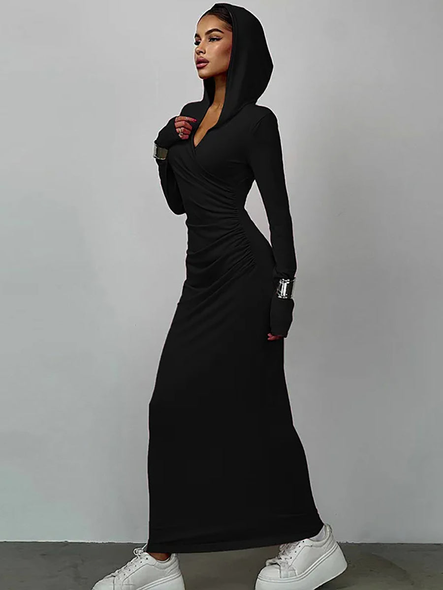 Elegant V Neck Hooded Bodycon Maxi Dress Rown