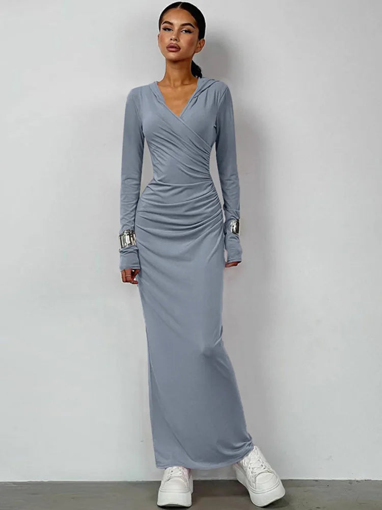 Elegant V Neck Hooded Bodycon Maxi Dress Rown