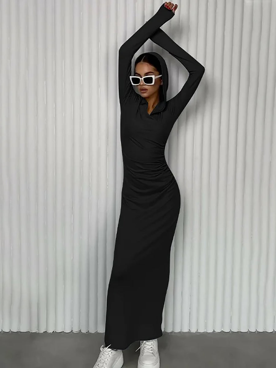 Elegant V Neck Hooded Bodycon Maxi Dress Rown