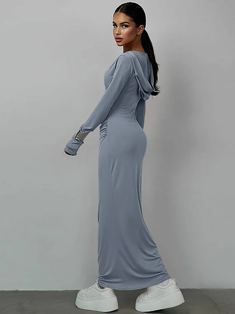 Elegant V Neck Hooded Bodycon Maxi Dress Rown