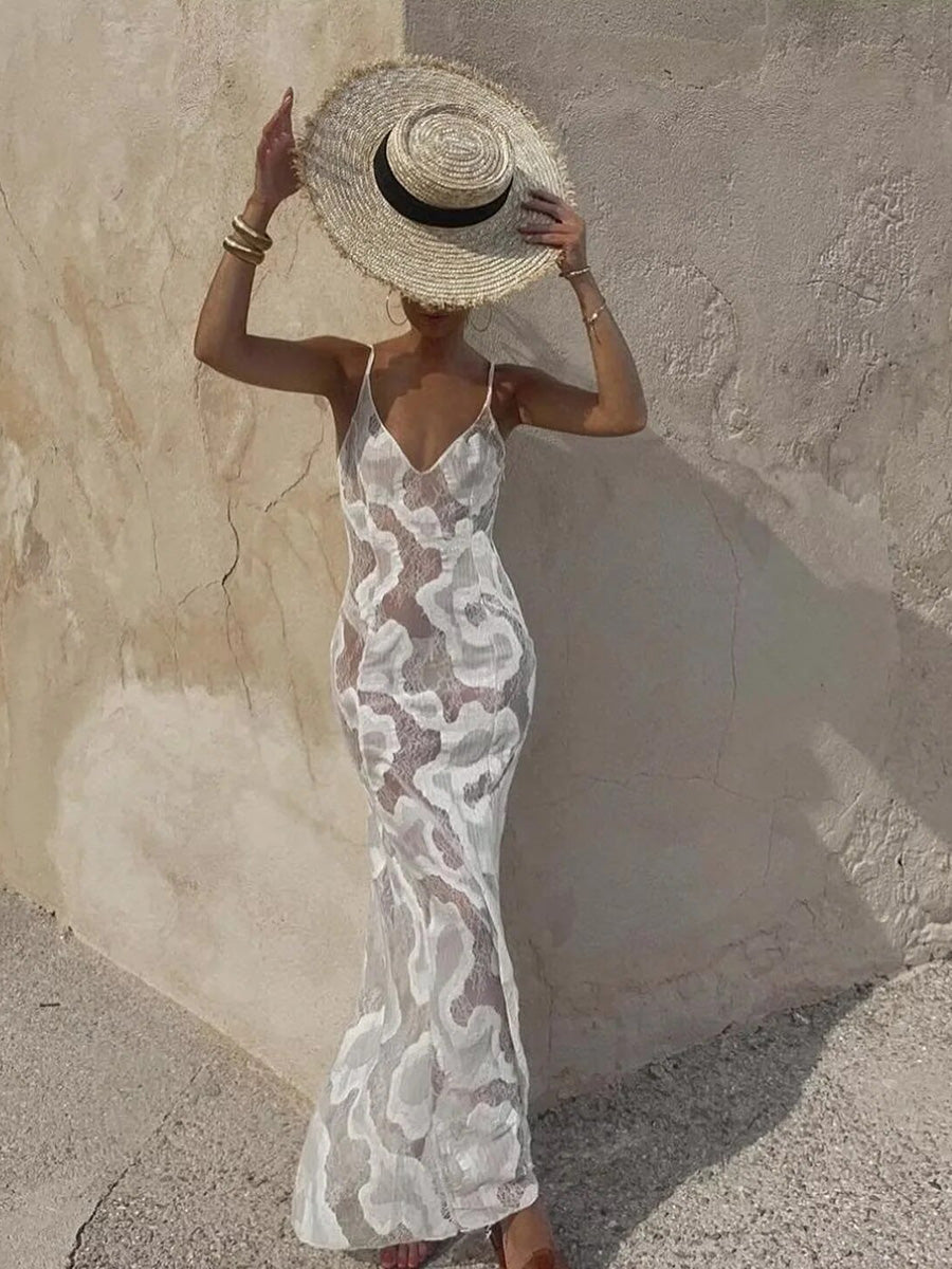 Elegant V-Neck Spaghetti Strap Backless Maxi Dress Rown