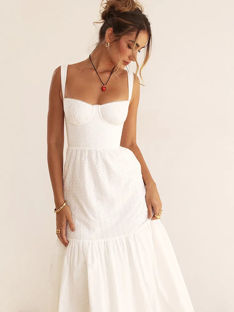 Elegant White A-line Spaghetti Strap Midi Dress Rown