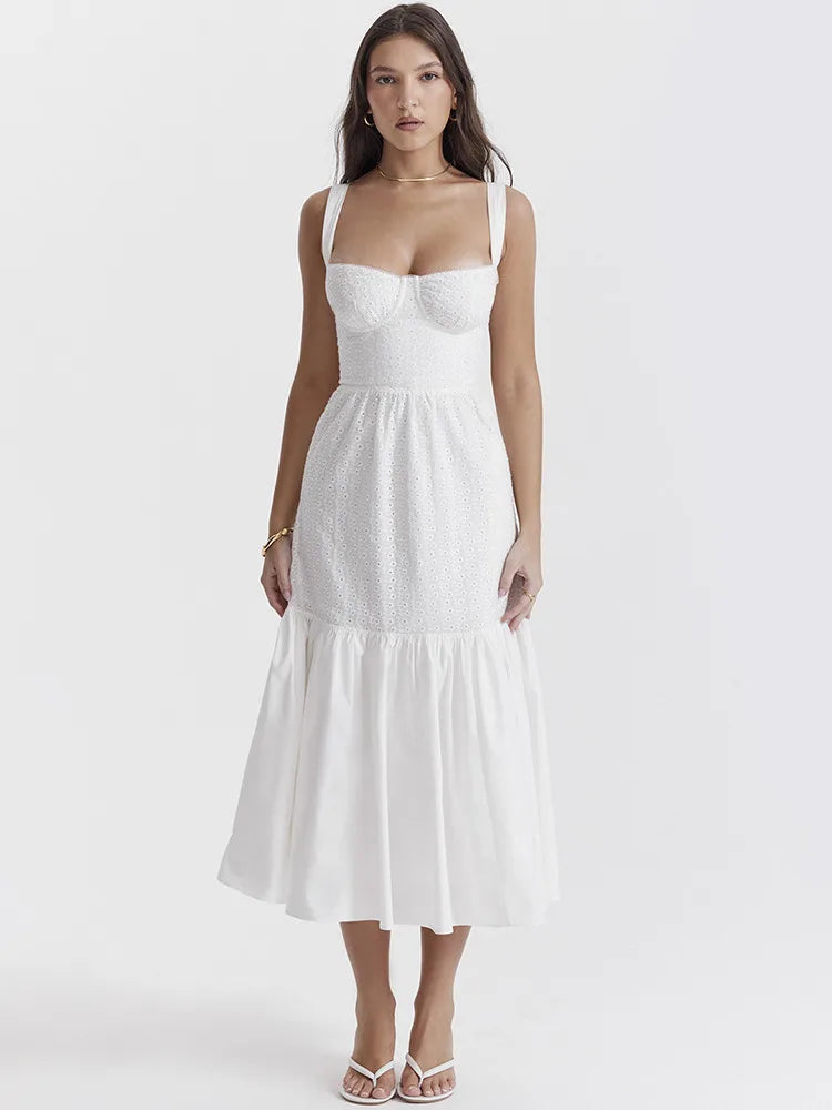 Elegant White A-line Spaghetti Strap Midi Dress Rown