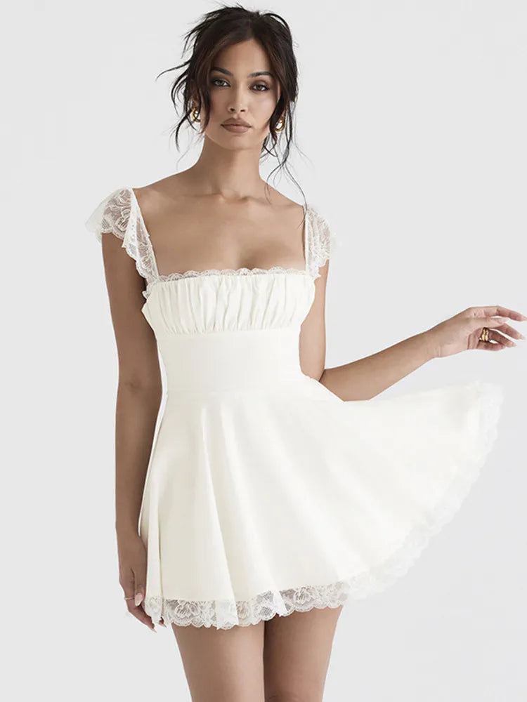 Elegant White Lace Strap Sleeveless Backless Mini Dress Rown