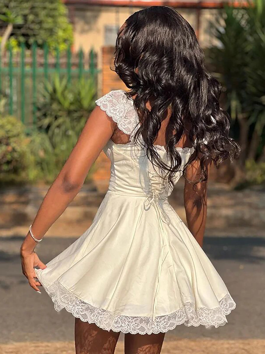 Elegant White Lace Strap Sleeveless Backless Mini Dress Rown