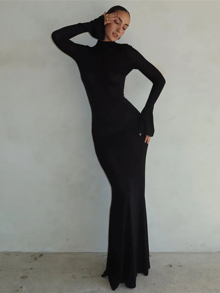 Elegant Women O-Neck Long Sleeve Backless Maxi Dress Rown