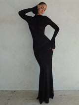 Elegant Women O-Neck Long Sleeve Backless Maxi Dress Rown