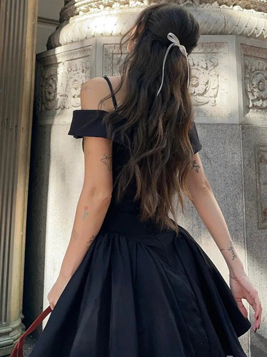 Elegant Women's A-line Pleated Slip Black Mini Dress Rown