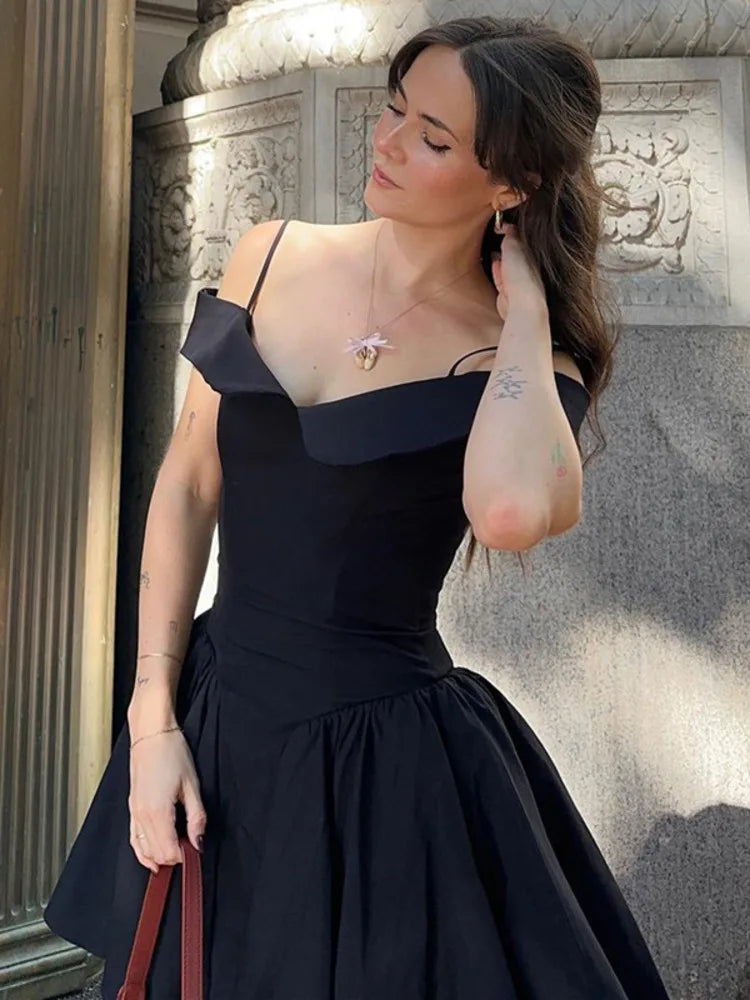 Elegant Women's A-line Pleated Slip Black Mini Dress Rown