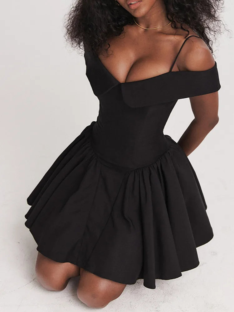 Elegant Women's A-line Pleated Slip Black Mini Dress Rown