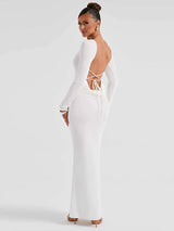 Elegant Backless Lace-up Long Sleeve Bodycon Maxi Dress - Rown