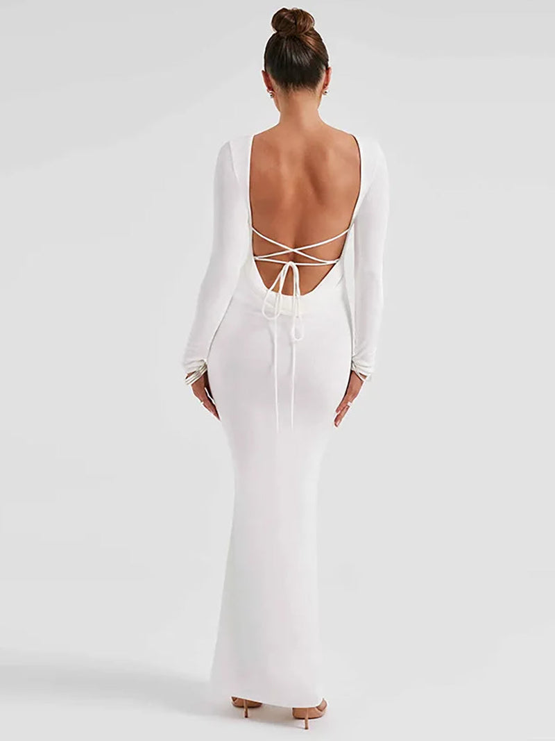 Elegant Backless Lace-up Long Sleeve Bodycon Maxi Dress - Rown