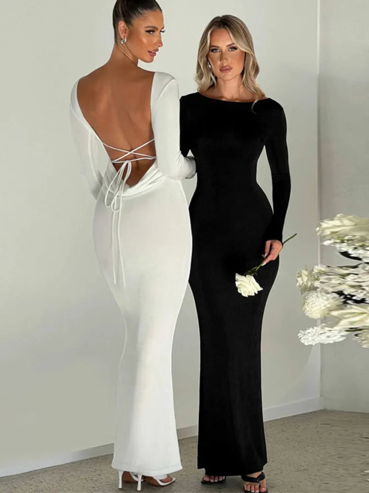 Elegant Backless Lace-up Long Sleeve Bodycon Maxi Dress - Rown