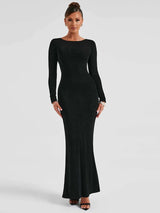 Elegant Backless Lace-up Long Sleeve Bodycon Maxi Dress - Rown