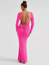 Elegant Backless Lace-up Long Sleeve Bodycon Maxi Dress - Rown