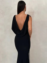 Elegant Backless One Sleeve Lace-up Maxi Dress - Rown