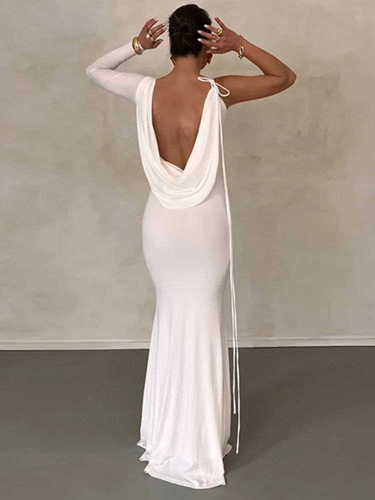 Elegant Backless One Sleeve Lace-up Maxi Dress - Rown