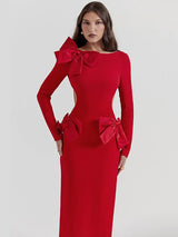 Elegant Bow Backless Red Bodycon Maxi Dress - Rown