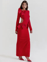 Elegant Bow Backless Red Bodycon Maxi Dress - Rown