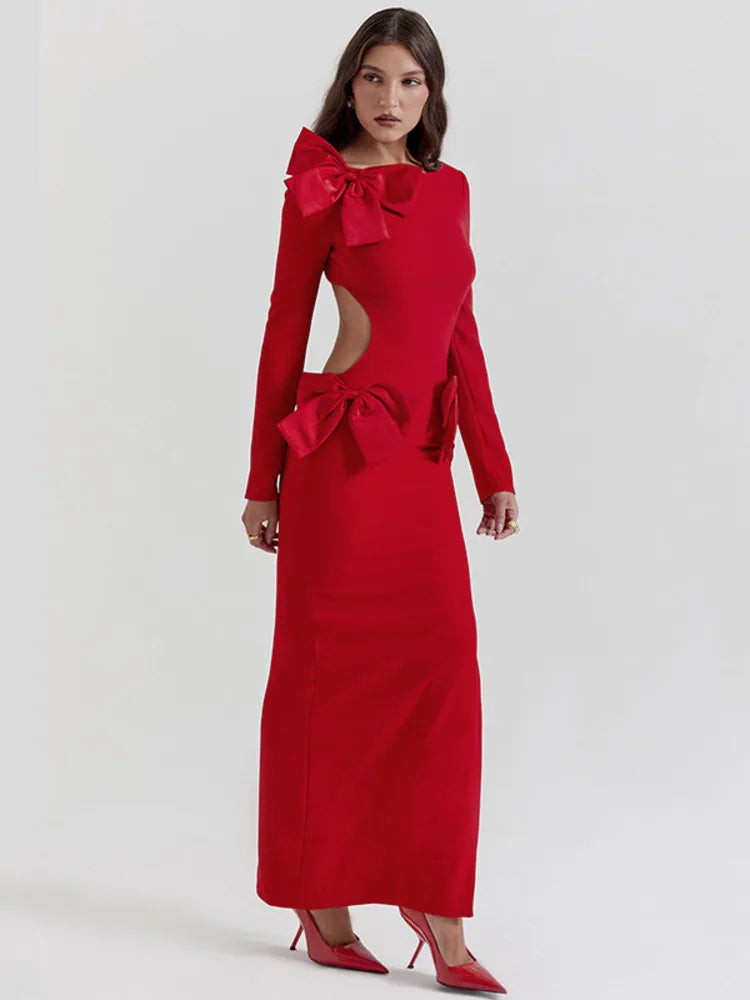 Elegant Bow Backless Red Bodycon Maxi Dress - Rown