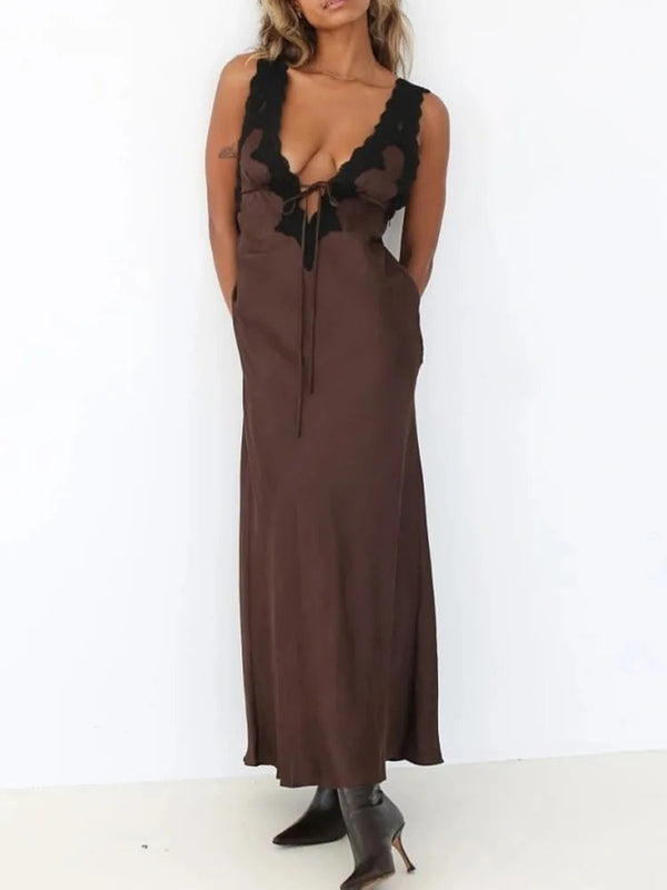 Elegant Deep-Neck Lace Satin Maxi Dress - Rown