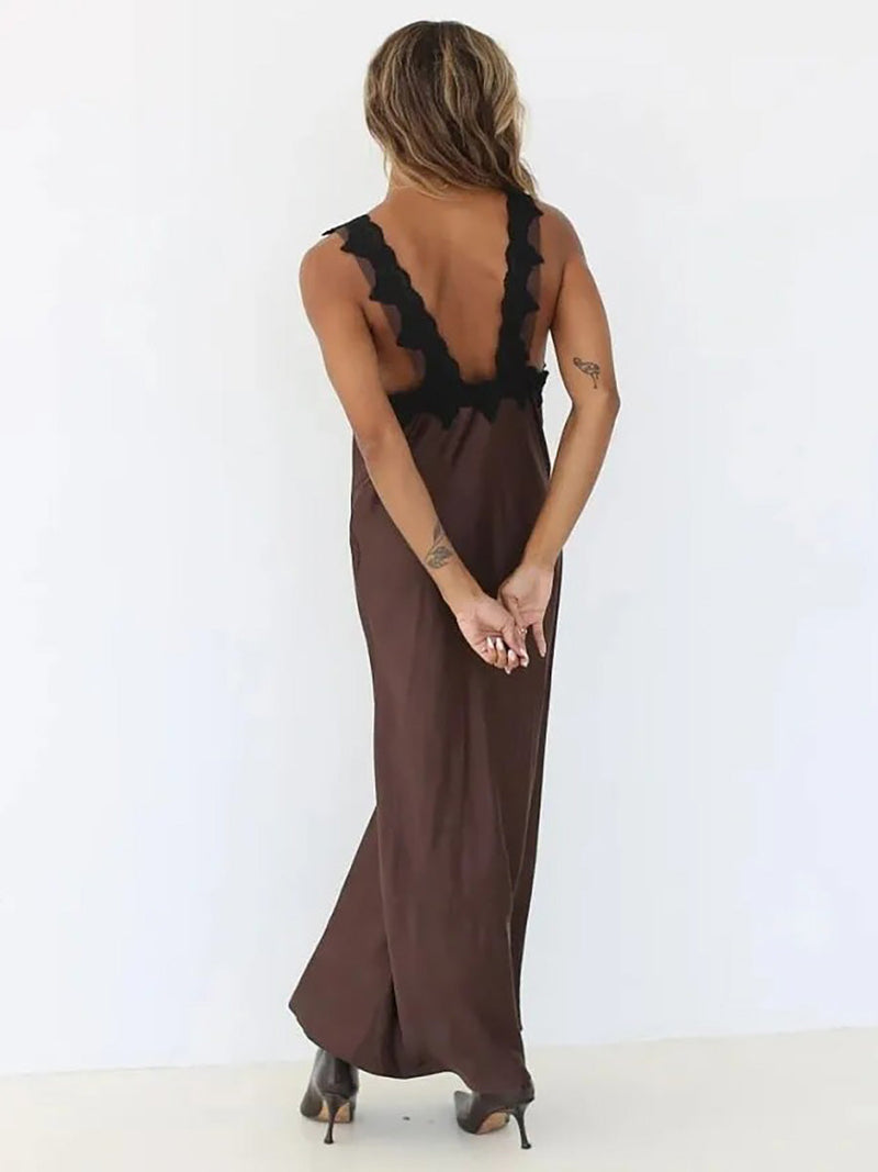 Elegant Deep-Neck Lace Satin Maxi Dress - Rown