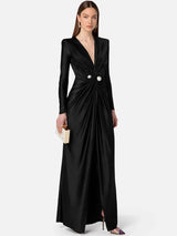 Elegant Deep V Neck Black Pearl Maxi Dress - Rown