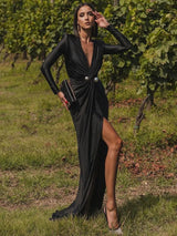 Elegant Deep V Neck Black Pearl Maxi Dress - Rown