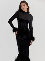 Elegant Feather Sheer Long Sleeve Backless Midi Dress - Rown