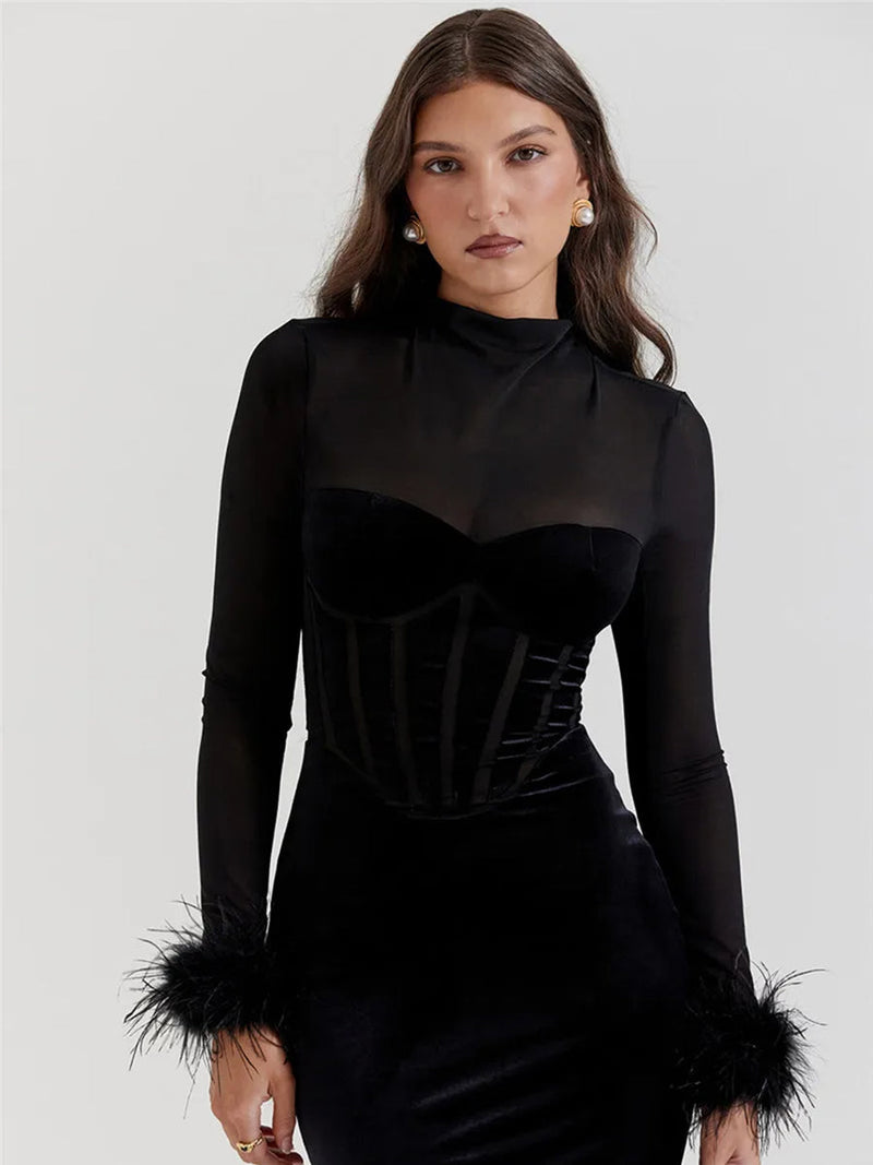 Elegant Feather Sheer Long Sleeve Backless Midi Dress - Rown