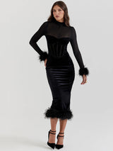 Elegant Feather Sheer Long Sleeve Backless Midi Dress - Rown