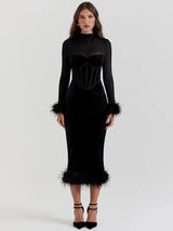 Elegant Feather Sheer Long Sleeve Backless Midi Dress - Rown