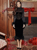 Elegant Feather Sheer Long Sleeve Backless Midi Dress - Rown