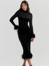 Elegant Feather Sheer Long Sleeve Backless Midi Dress - Rown