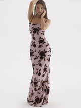 Elegant Floral Print Mesh Lace-up Backless Maxi Dress - Rown