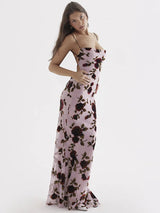 Elegant Floral Print Mesh Lace-up Backless Maxi Dress - Rown