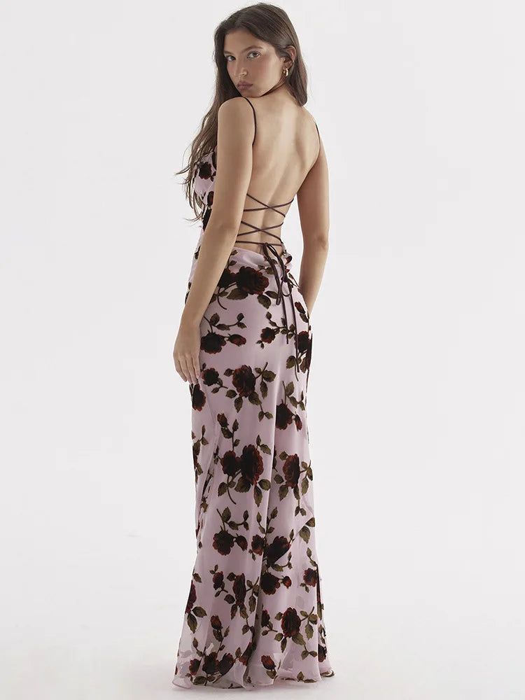 Elegant Floral Print Mesh Lace-up Backless Maxi Dress - Rown